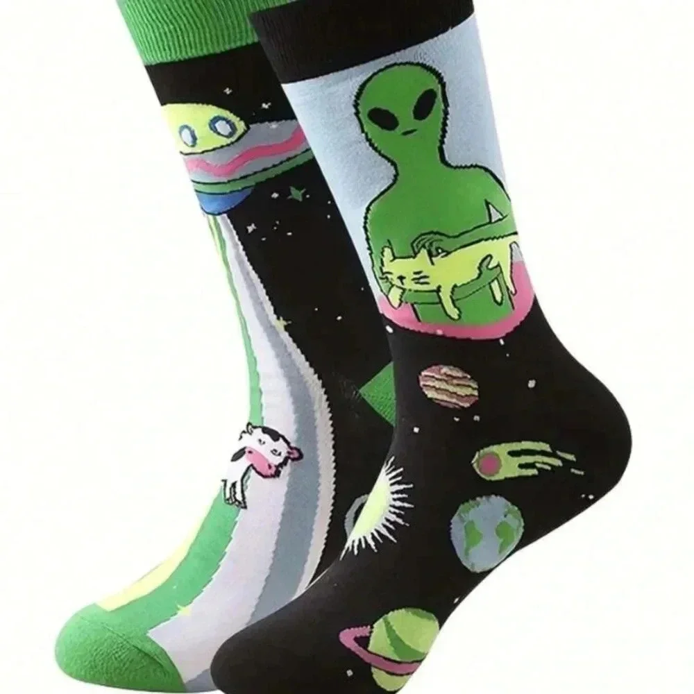 Black green yellow alien with cat and spaceship womens crew socks activewear